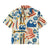 Short sleeve button-up shirt with surf-themed print featuring waves, surfboards, and circles