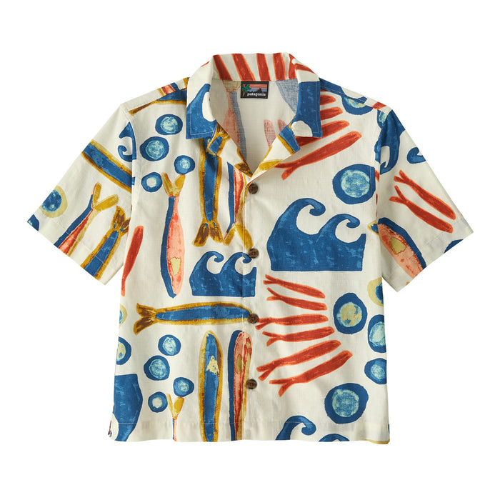 Short sleeve button-up shirt with surf-themed print featuring waves, surfboards, and circles