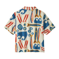 Short-sleeve button-up shirt with surf-themed print showing waves, fish, and coral on light background, back view