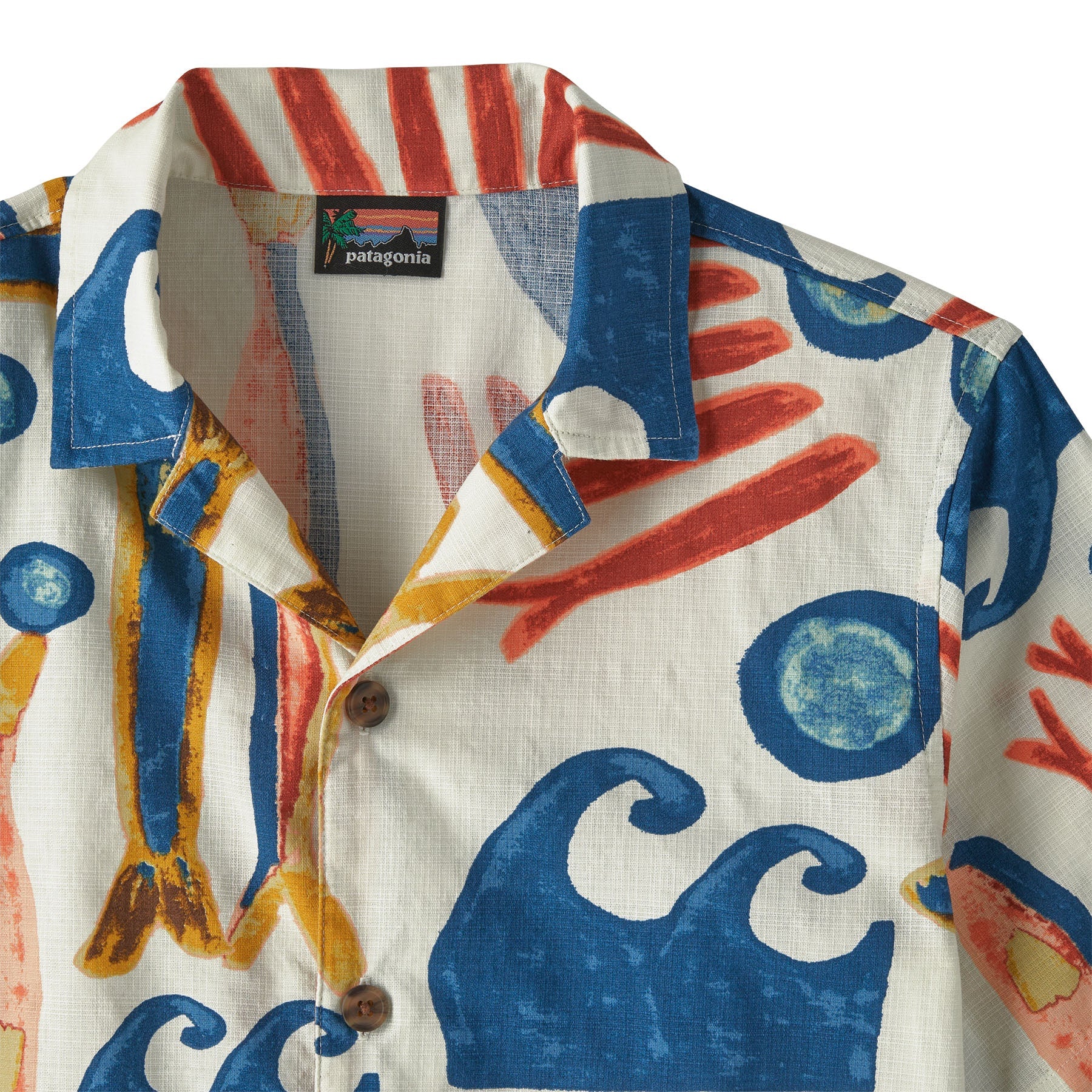 Short-sleeve button-up shirt with colorful abstract wave and sun pattern on white background