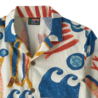 Short-sleeve button-up shirt with colorful abstract wave and sun pattern on white background