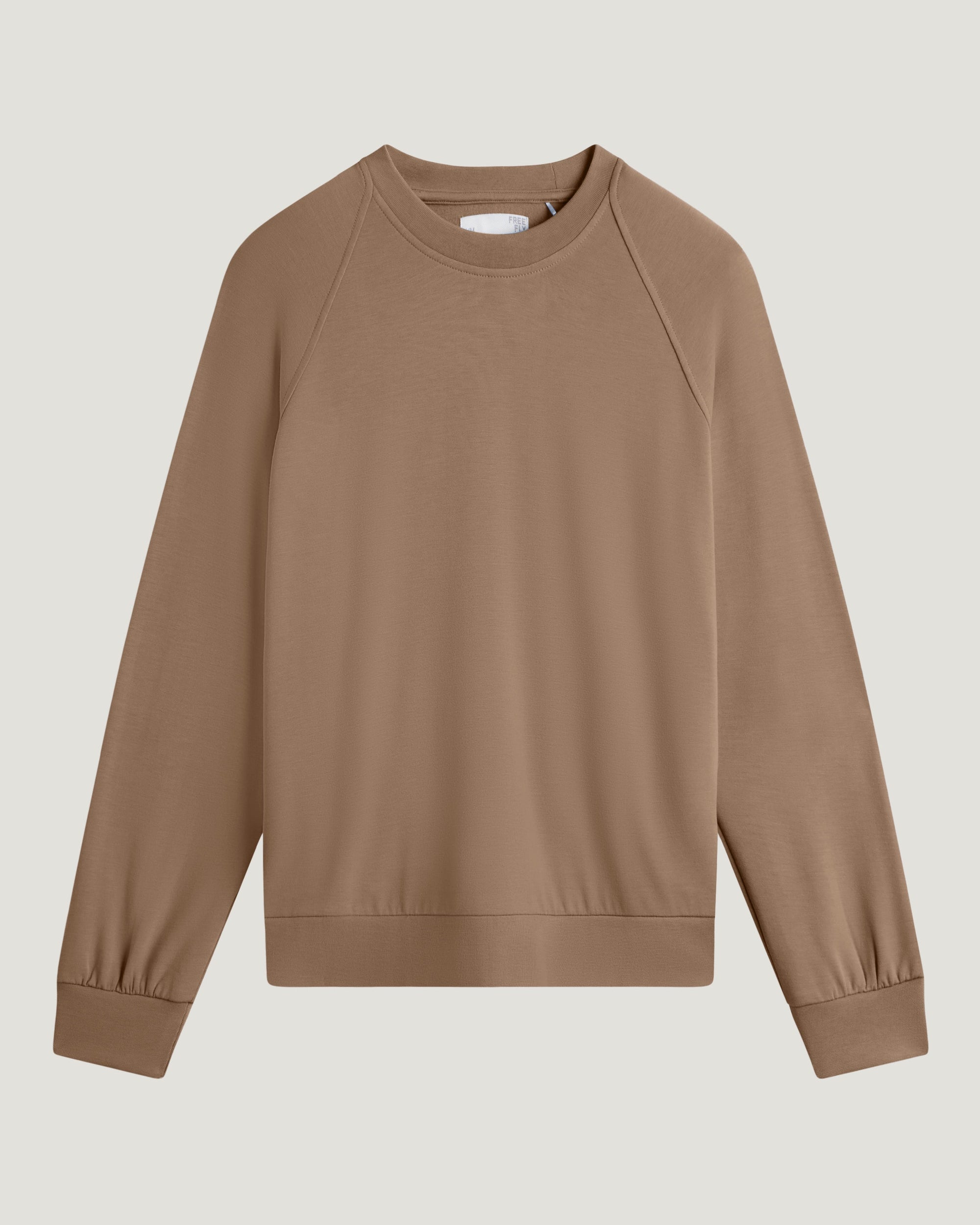 Women's long-sleeve lightweight crew sweatshirt in warm brown, flat lay front view