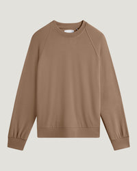 Women's long-sleeve lightweight crew sweatshirt in warm brown, flat lay front view