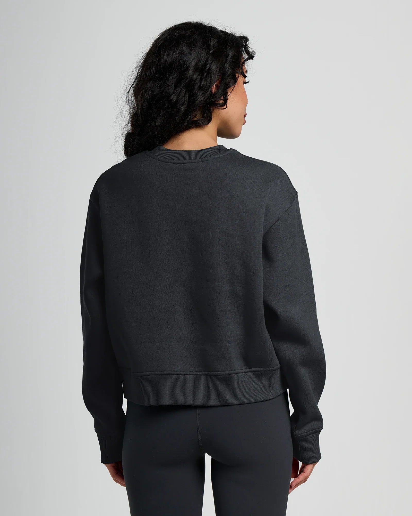 Dark fleece crew neck sweatshirt shown from back view on model