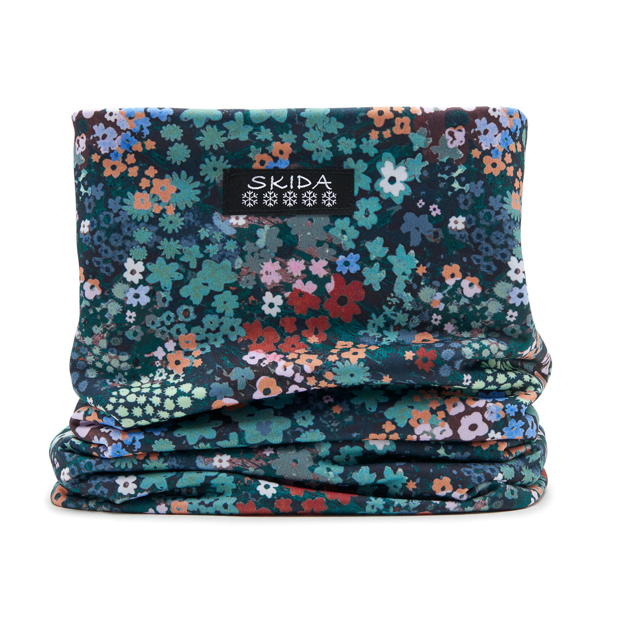 Floral print neck gaiter tube scarf with dark background and multicolor small flowers, folded flat