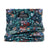 Floral print neck gaiter tube scarf with dark background and multicolor small flowers, folded flat