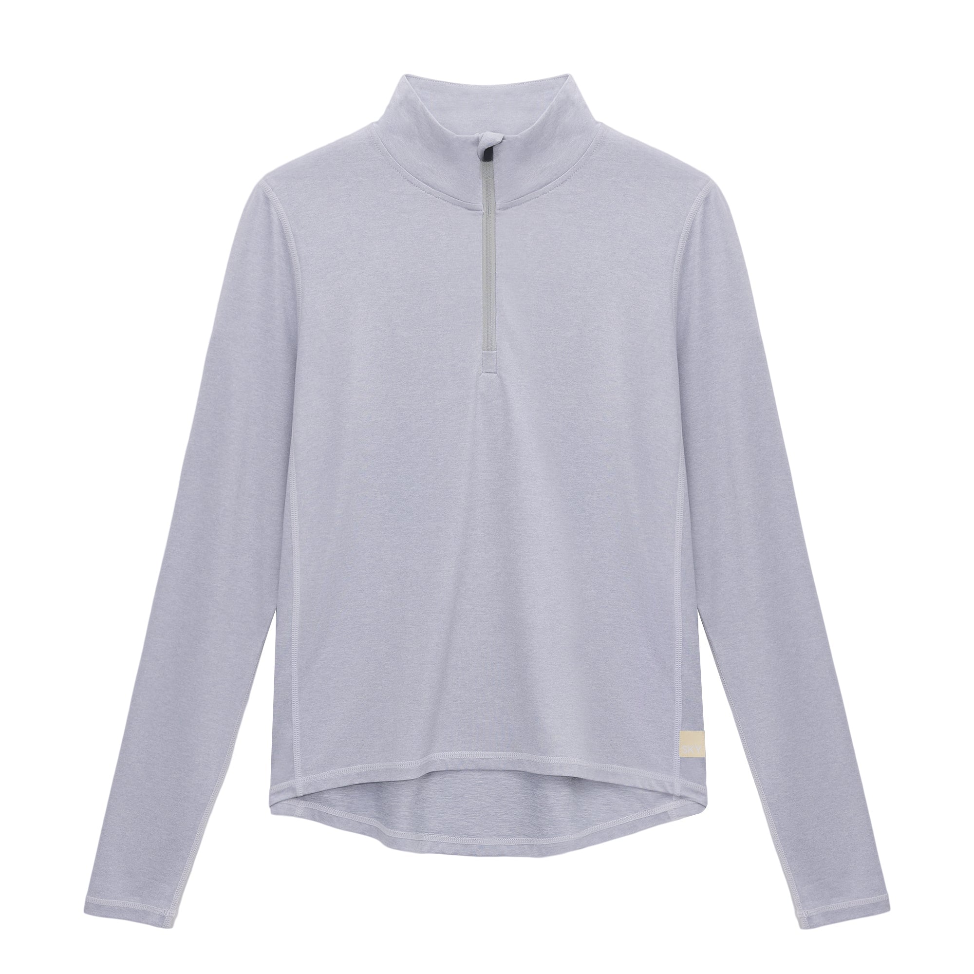 Light gray-blue women's quarter-zip pullover with mock neck and long sleeves, flat lay front view