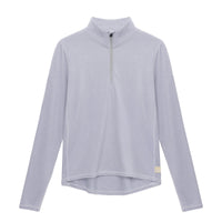 Light gray-blue women's quarter-zip pullover with mock neck and long sleeves, flat lay front view