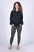 Women's fleece button-up shirt in dark charcoal, front view, long sleeves with chest pocket