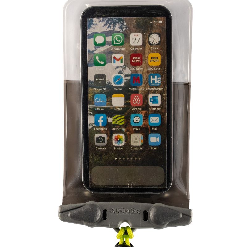 Clear waterproof phone case with sealed edges containing smartphone showing home screen apps