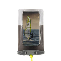 Clear waterproof phone case with smartphone inside showing windsurfing scene on screen