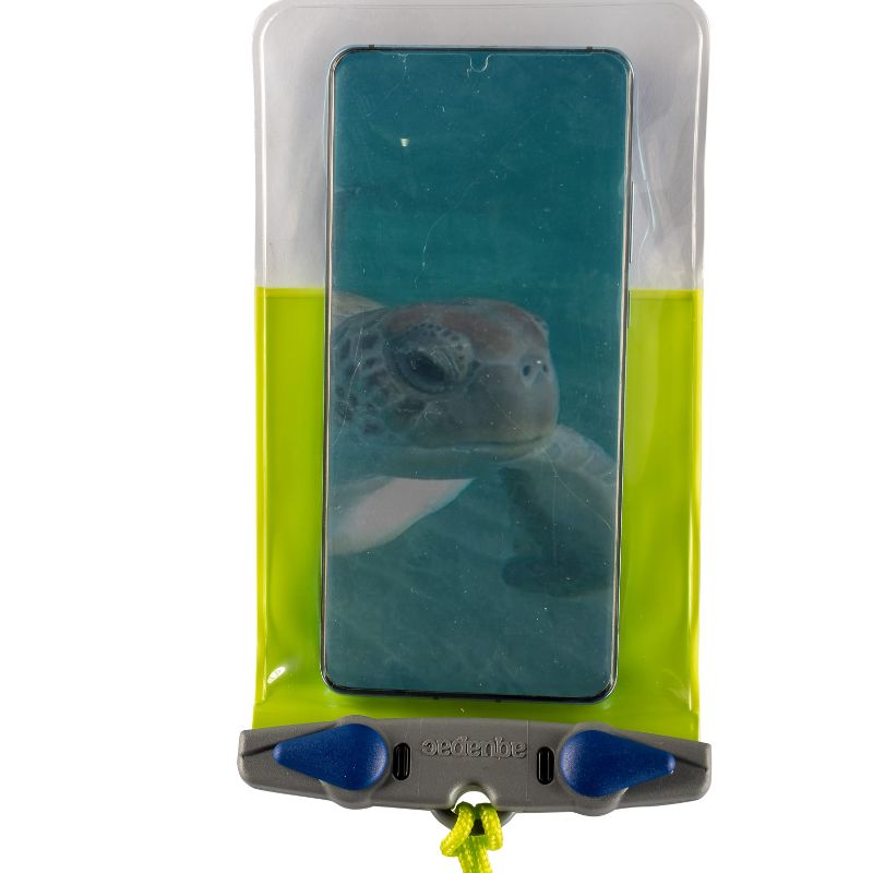 Transparent waterproof phone case with green accents containing smartphone showing sea turtle image