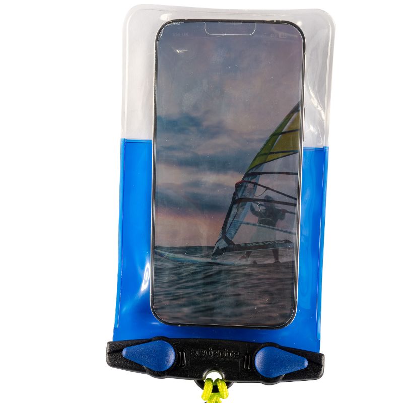 Waterproof phone case with blue trim containing smartphone displaying windsurfing scene