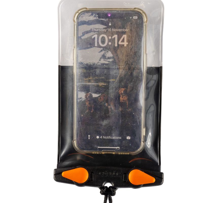 Waterproof phone case with clear front window showing smartphone, black body with orange clasps