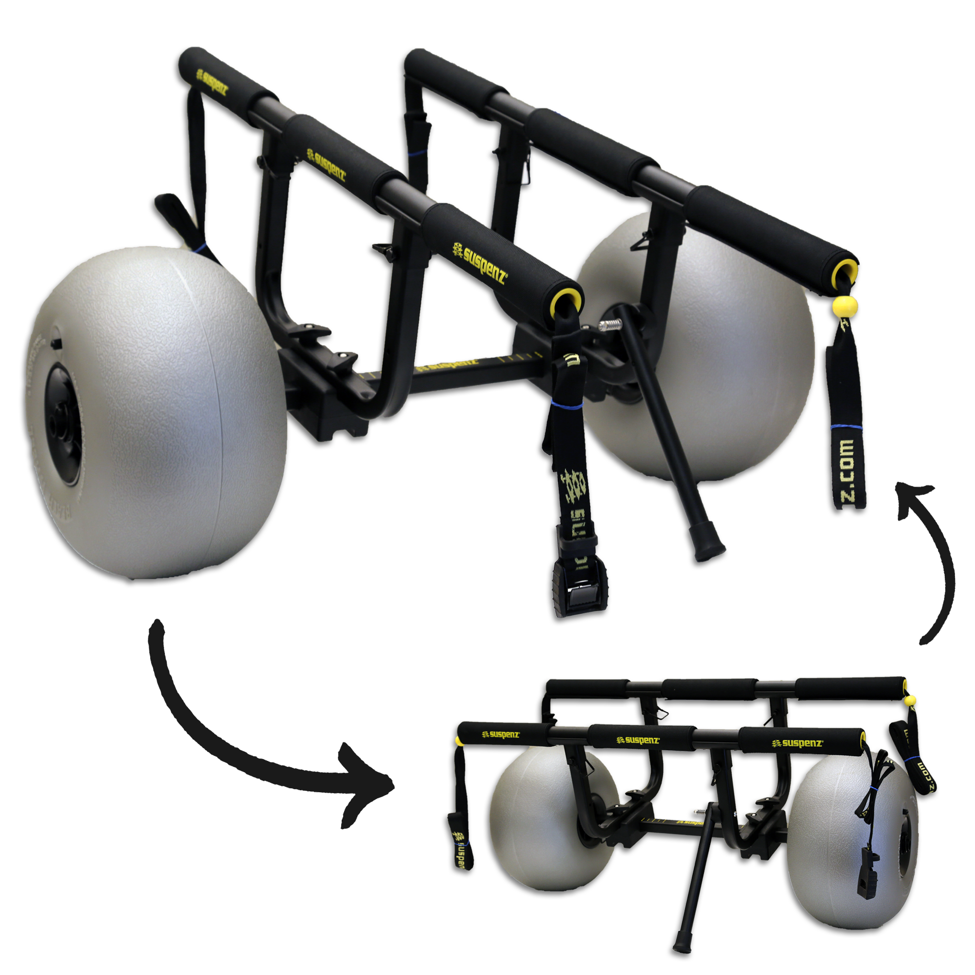 Folding beach cart with large balloon wheels showing transformation from upright to compact position