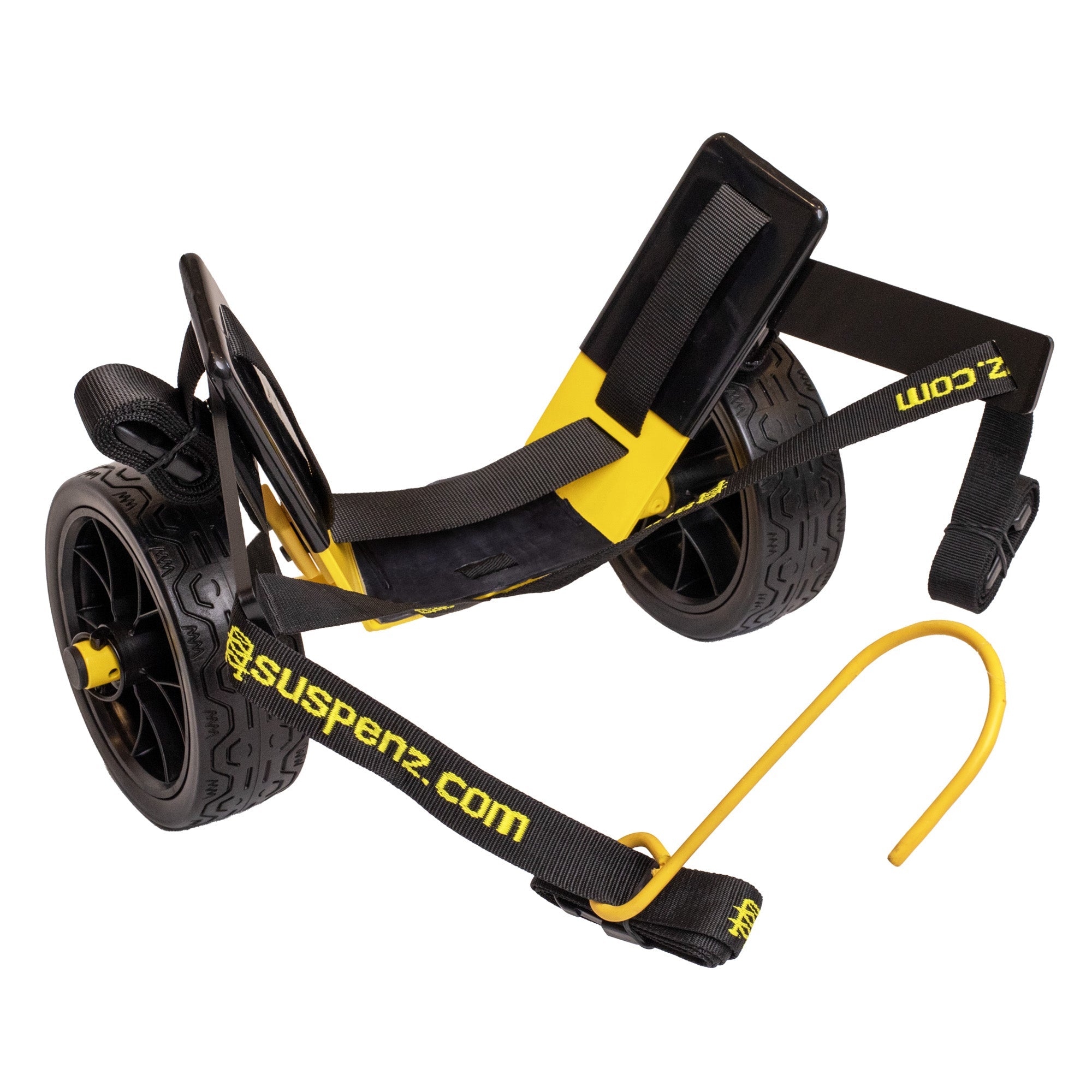 Folding cart with two wheels, black frame with yellow accents, adjustable straps