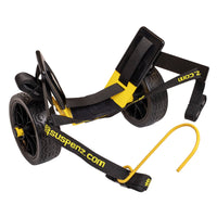 Folding cart with two wheels, black frame with yellow accents, adjustable straps