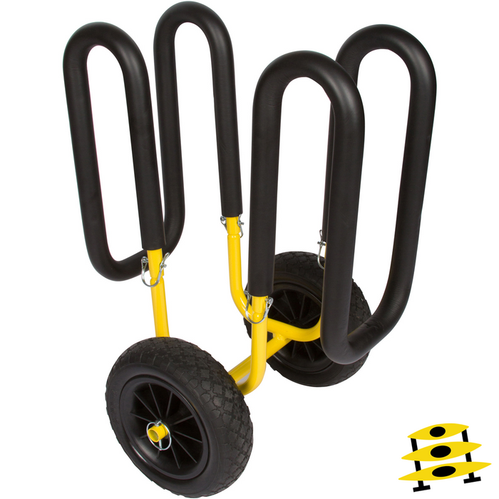 Two-wheeled paddleboard cart with black foam padding and yellow frame on white background