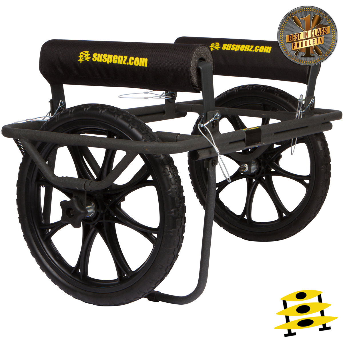 Black wheeled cart with large airless tires, padded frame rails, and folding design