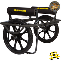Black wheeled cart with large airless tires, padded frame rails, and folding design
