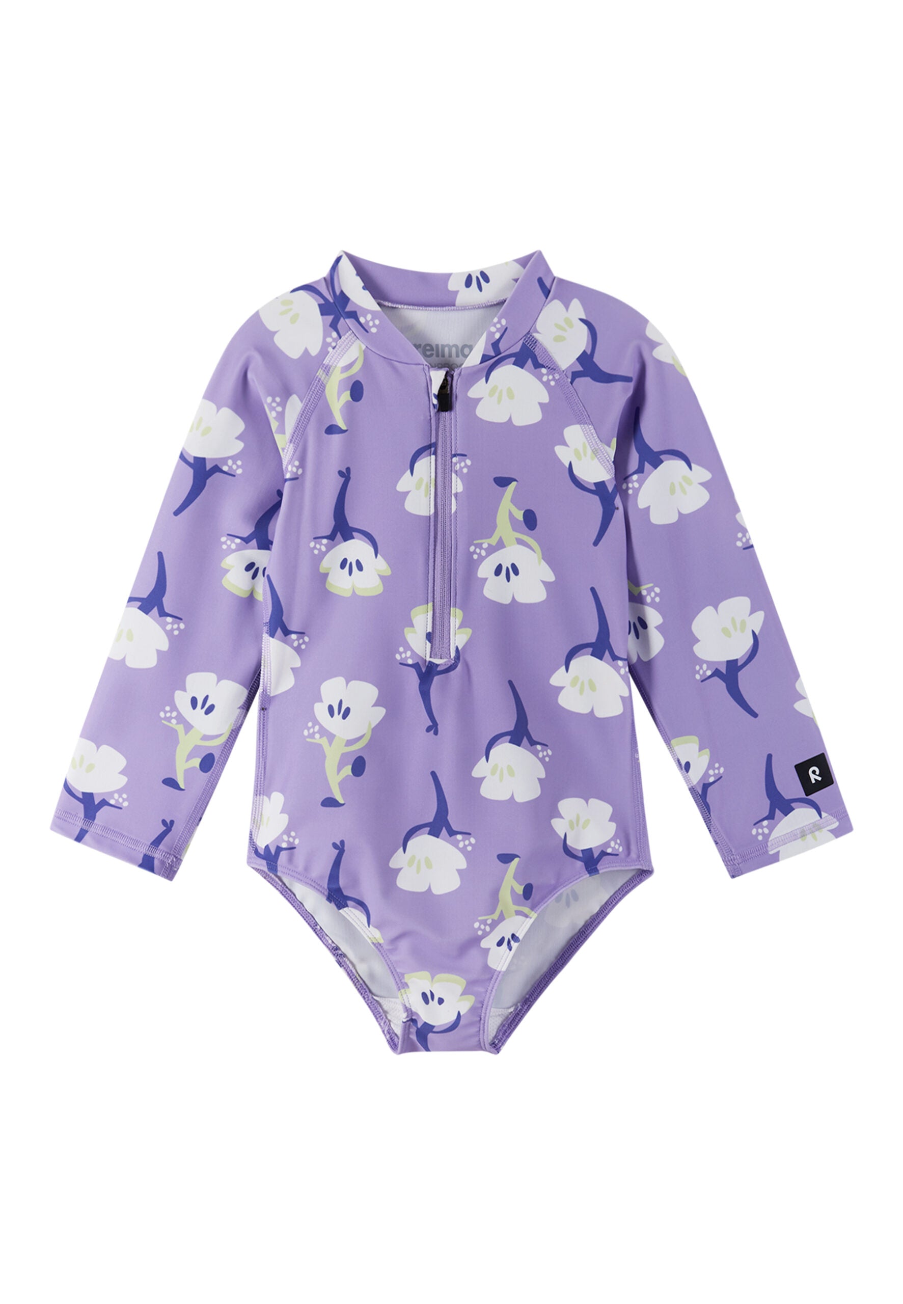 Children's long-sleeve one-piece swimsuit in purple with white floral print and front zip