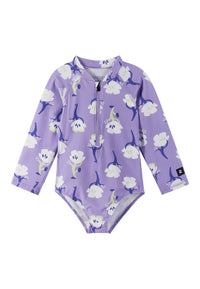 Children's long-sleeve one-piece swimsuit in purple with white floral print and front zip