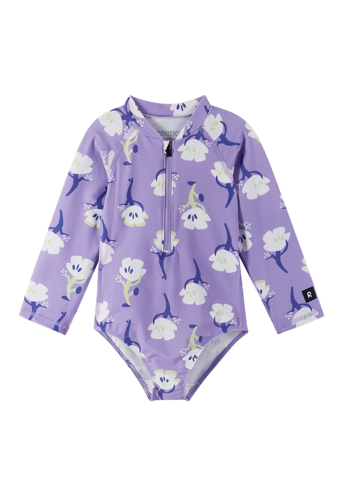 Children's long-sleeve one-piece swimsuit in purple with white floral print and front zip