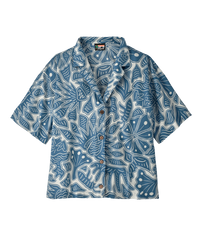 Short-sleeve button-up shirt with blue and white tropical leaf pattern, front view