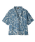 Short-sleeve button-up shirt with blue and white tropical leaf pattern, front view