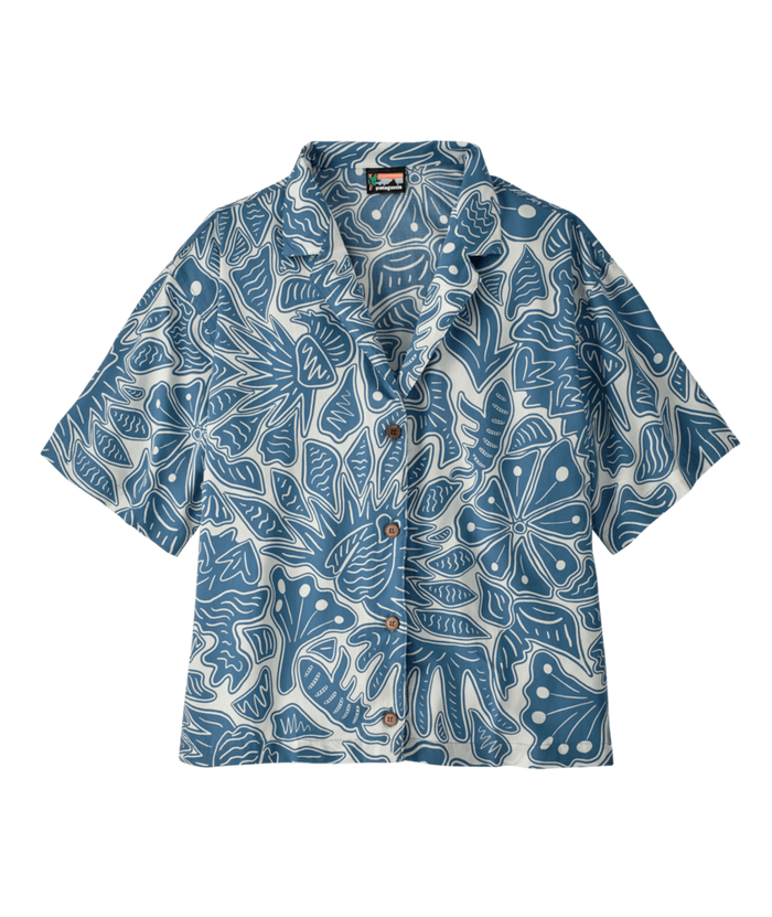 Short-sleeve button-up shirt with blue and white tropical leaf pattern, front view
