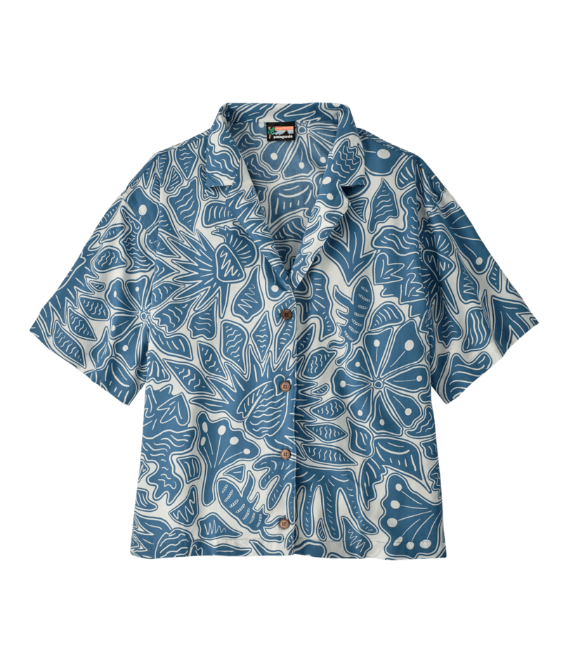 Short-sleeve button-up shirt with blue and white tropical leaf pattern, front view