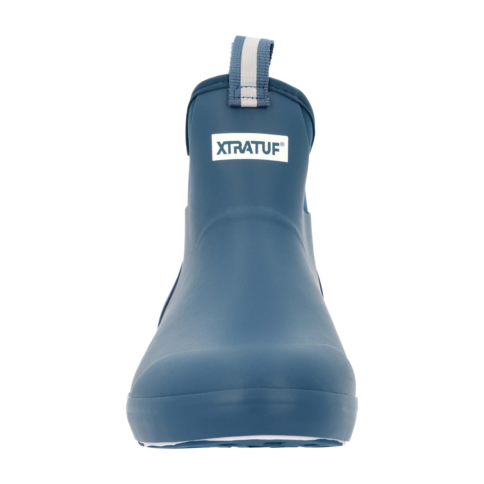Short ankle-height rubber rain boot with pull tab, front view, matte finish