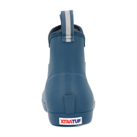 Short ankle rain boot in matte blue with pull tab and logo on heel, rear view