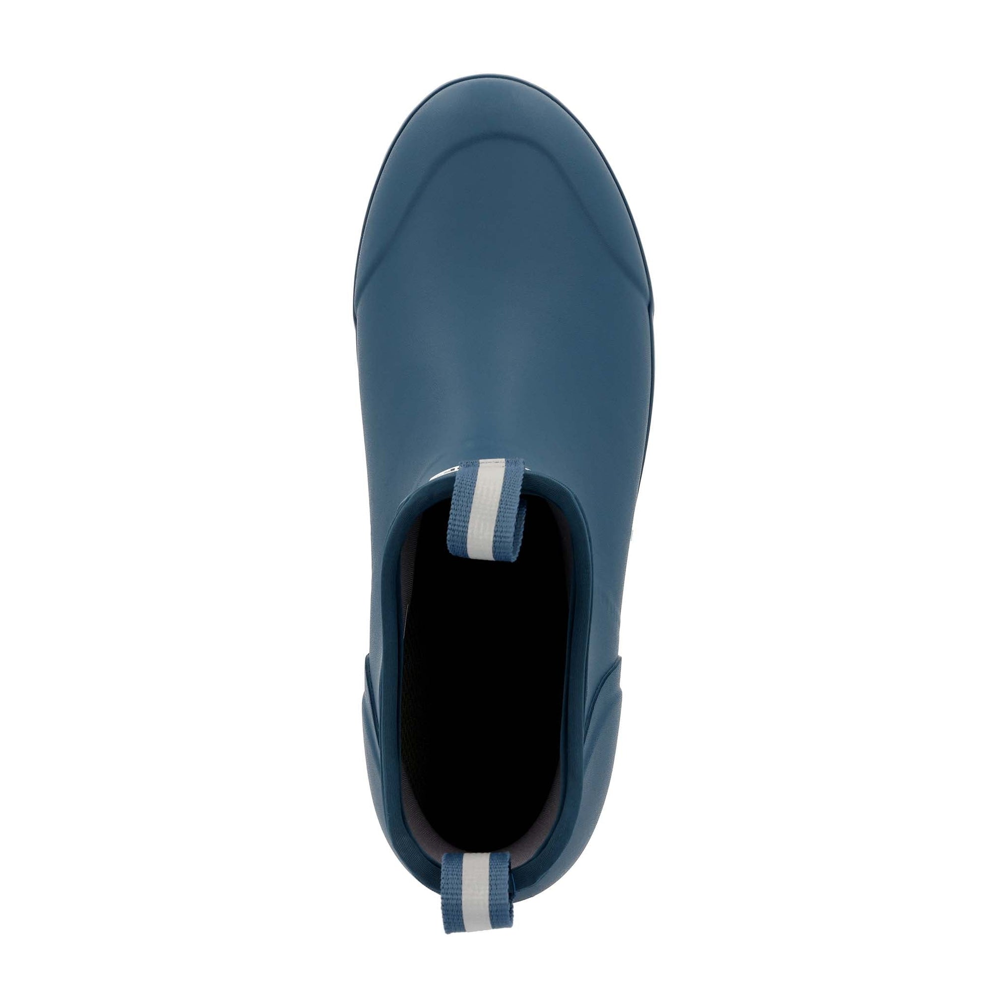 Top-down view of a slip-on ankle boot with rubber upper and striped pull tab