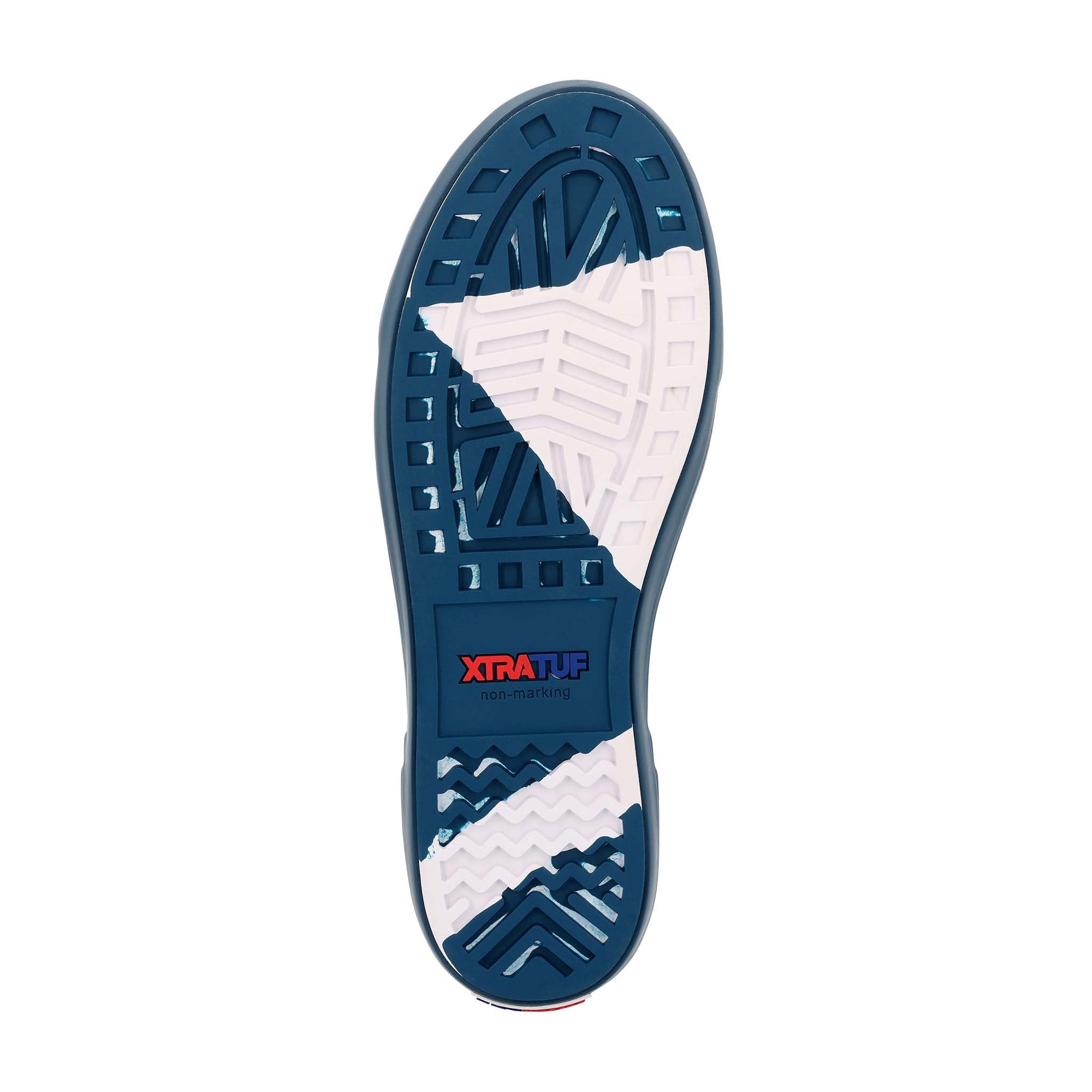 Bottom sole view of ankle deck boot showing blue and white non-marking tread pattern