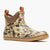 Ankle-height rubber deck boot with camouflage pattern, pull tabs, and gum rubber sole, side view