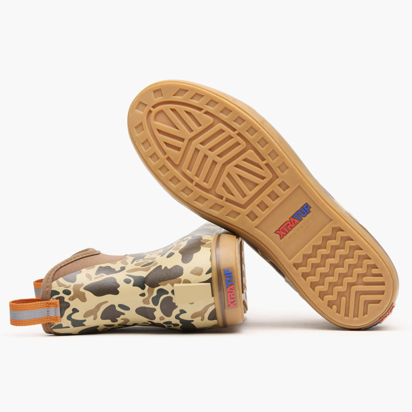 Ankle-height rubber deck boots in camouflage print, showing sole tread pattern and side pull tab