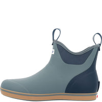 Men's ankle deck boot in blue-gray with navy accents, pull loops, and tan rubber sole, side view