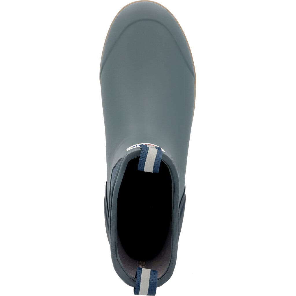 Top-down view of ankle-height rubber deck boot with navy pull tab and gum sole