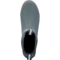 Top-down view of ankle-height rubber deck boot with navy pull tab and gum sole