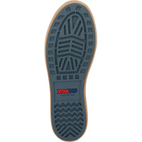 Bottom view of ankle deck boot sole showing blue tread pattern and non-marking label