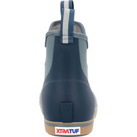 Ankle-height rubber deck boot, rear view, with pull tab and gum rubber sole