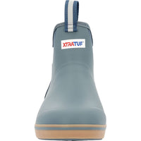 Front view of ankle-height rubber deck boot with gum sole and striped pull tab