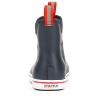 Ankle-height rubber deck boot rear view with pull tab and white sole, red stripe