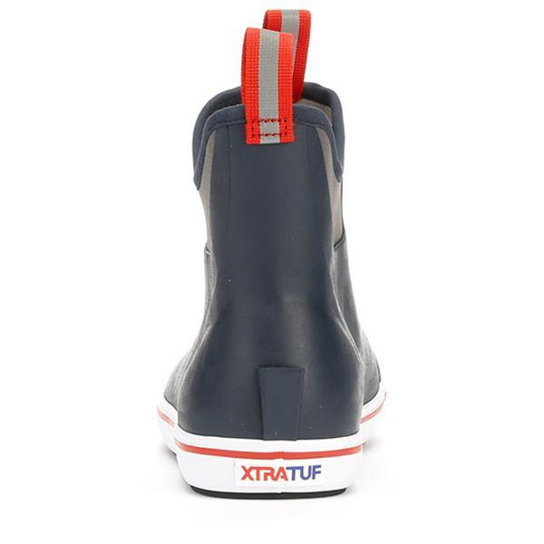 Ankle-height rubber deck boot rear view with pull tab and white sole, red stripe