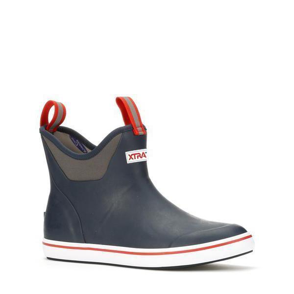 Navy blue ankle deck boot with red accents, pull tabs, and white rubber outsole, side view