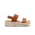 Brown leather platform sandal with two adjustable straps and textured cream sole, side view
