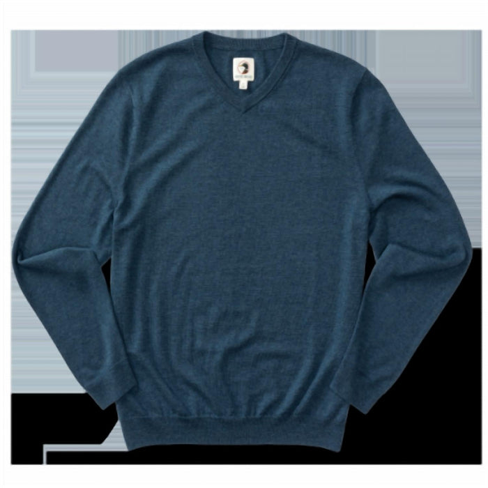 Men's v-neck merino wool sweater in heathered blue, long sleeves, flat lay view