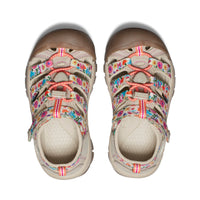 Children's sport sandals with protective toe caps and colorful patterned straps, top-down view