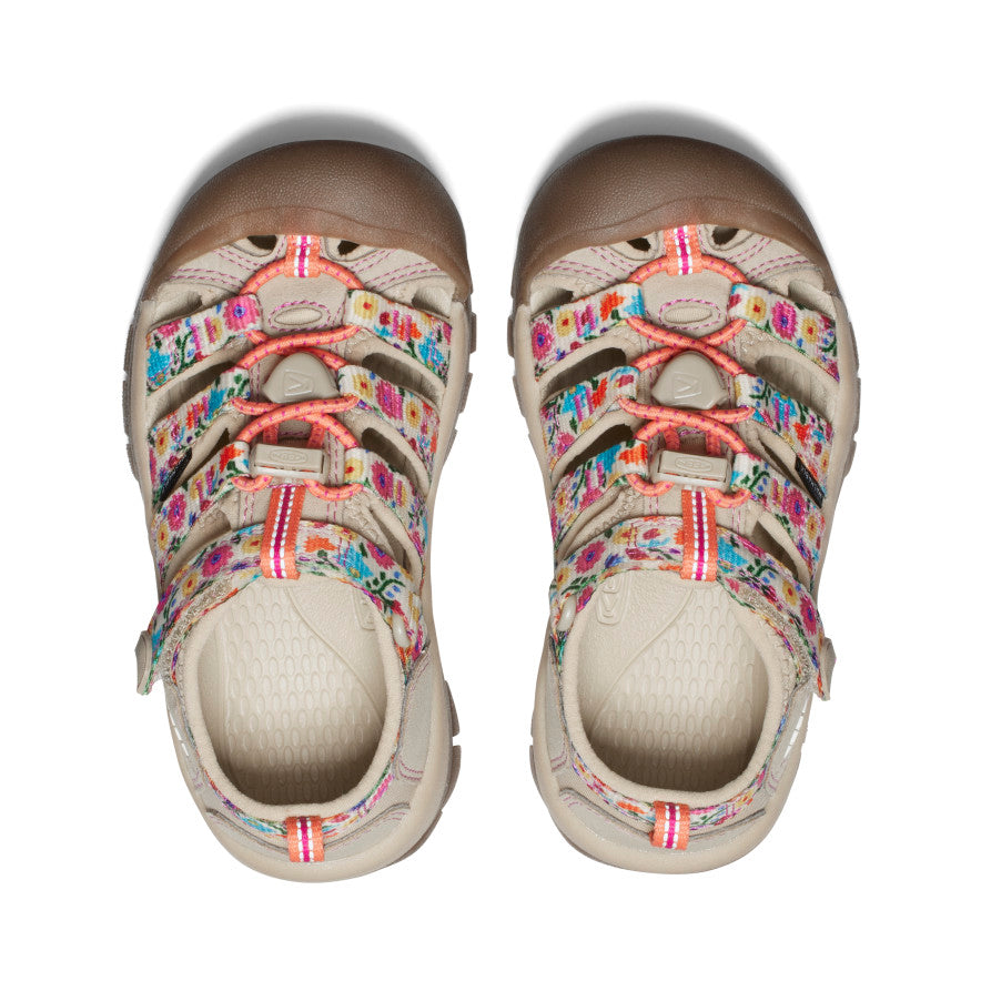 Children's sport sandals with protective toe caps and colorful patterned straps, top-down view